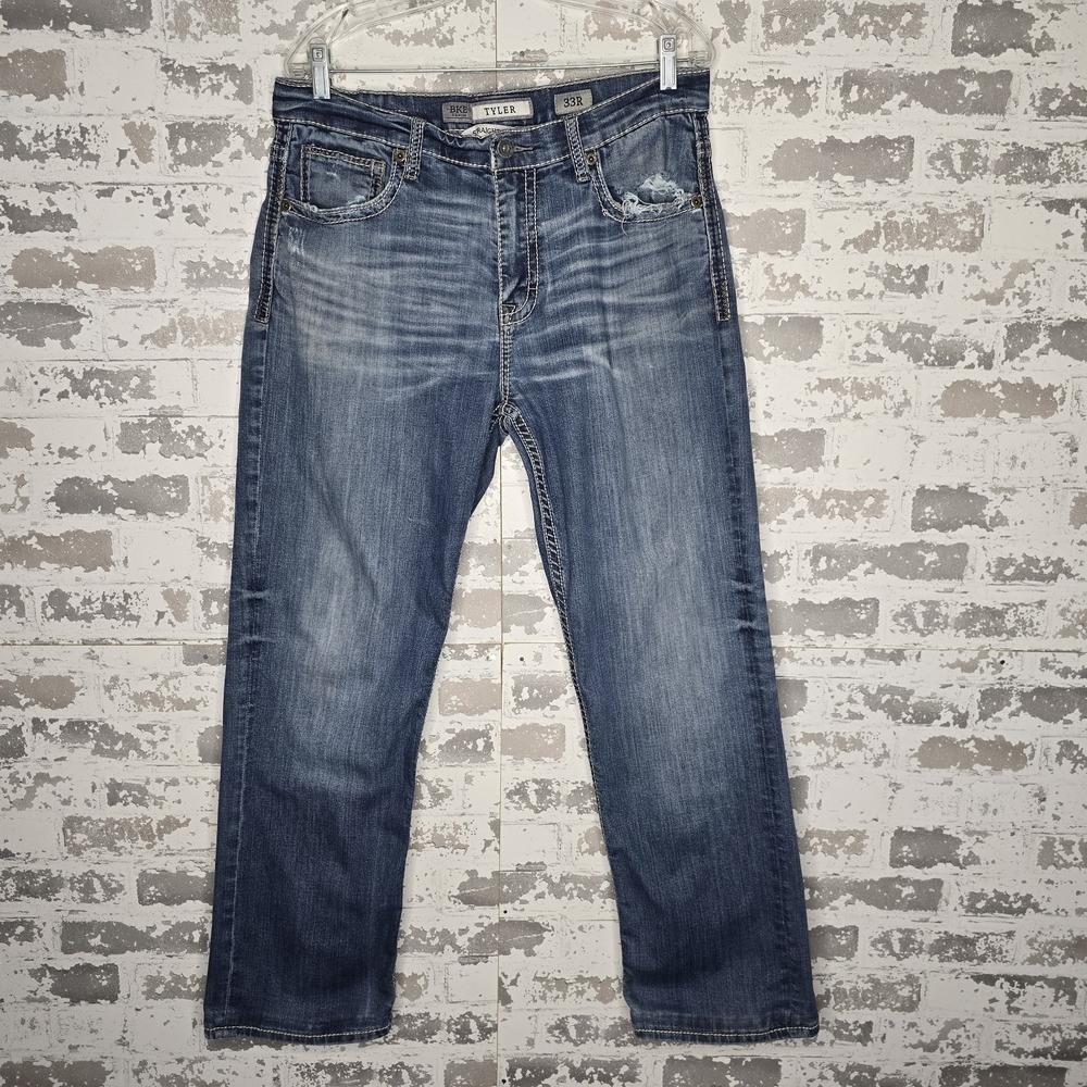 BKE Tyler Jeans Mens 33x30 Straight Leg Distressed Whiskered Medium Blue Denim